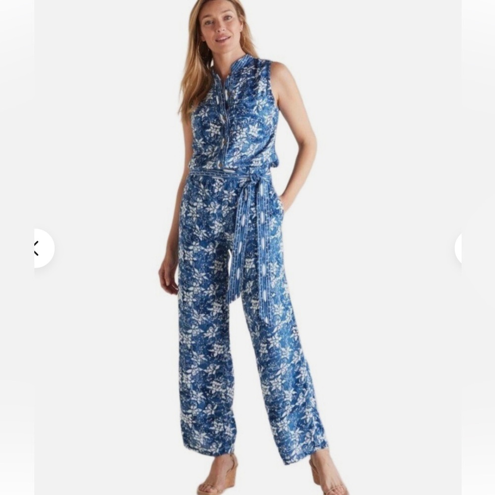 Soft Surroundings Blue Floral Batik Nahla Sleeveless Jumpsuit , NWT, L (14-16)